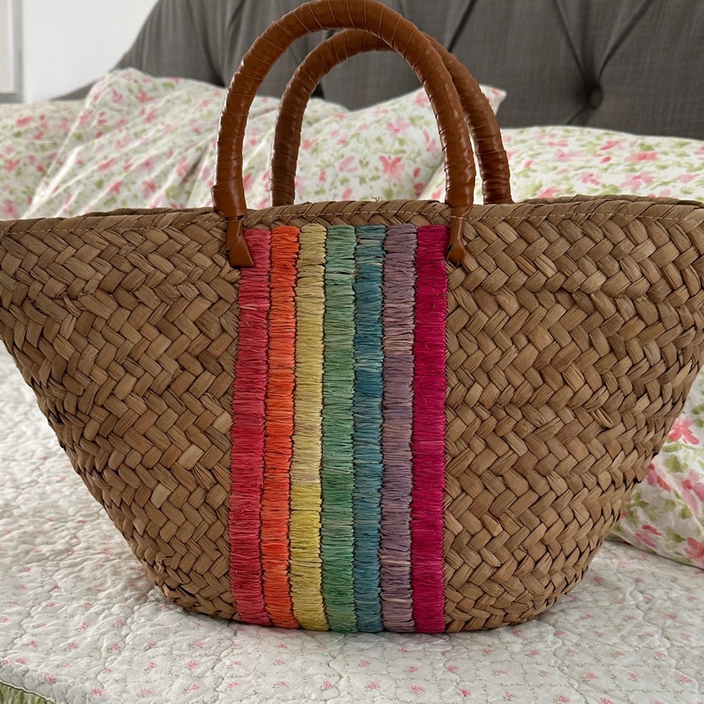 Colorful Woven Tote Bag with Rainbow Stripes